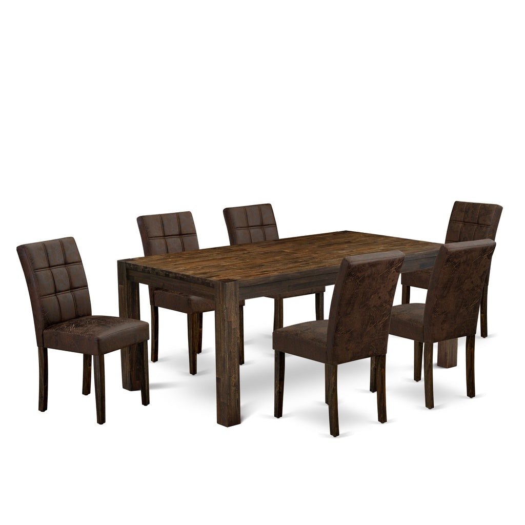 East West Furniture LMAS7-07-T25 7 Piece Mid Century Dining Set consists A Mid Century Dining Table and 6 Black Textured Faux Leather Kitchen Chairs, Distressed Jacobean