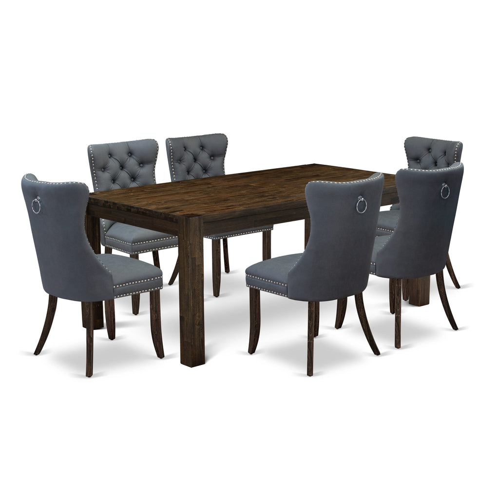 East West Furniture LMDA7-07-T13 7 Piece Dining Table Set Contains a Rectangle Rustic Wood Kitchen Table and 6 Upholstered Chairs, 40x72 Inch, Distressed Jacobean