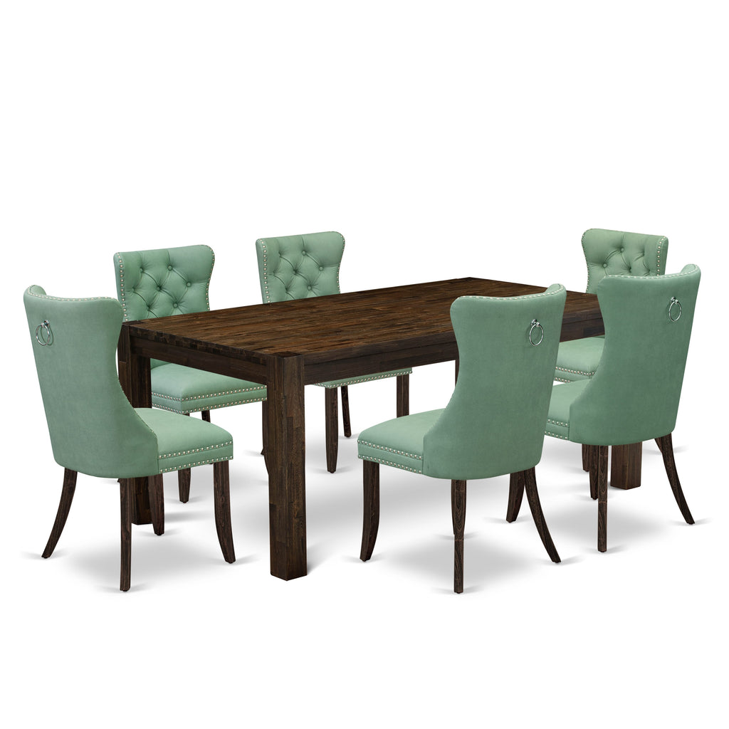 East West Furniture LMDA7-07-T22 7 Piece Dining Table Set Consists of a Rectangle Rustic Wood Table and 6 Upholstered Parson Chairs, 40x72 Inch, Distressed Jacobean