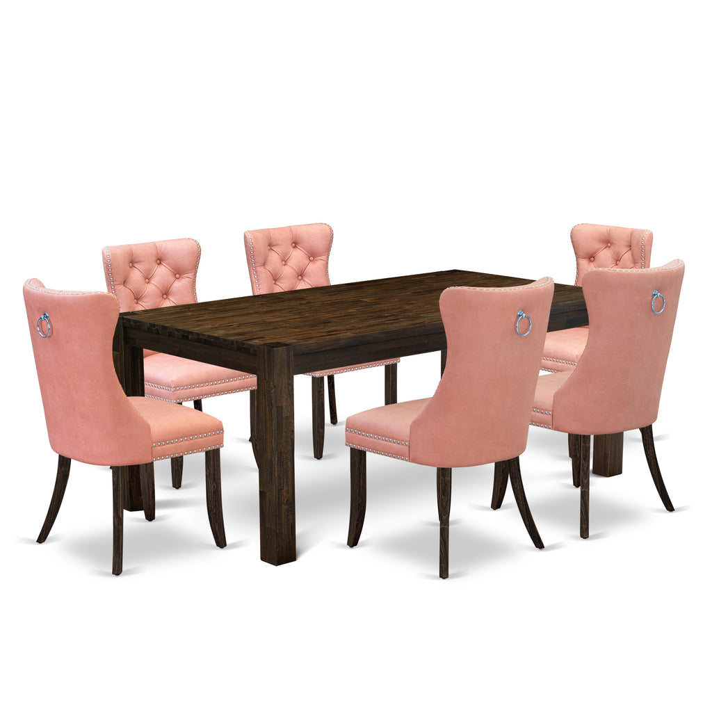 East West Furniture LMDA7-07-T23 7 Piece Dining Set Contains a Rectangle Rustic Wood Table and 6 Upholstered Parson Chairs, 40x72 Inch, Distressed Jacobean