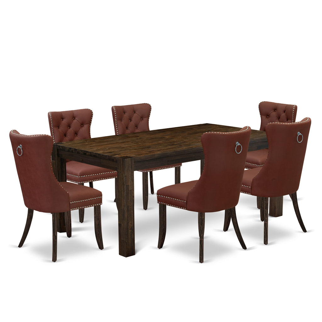 East West Furniture LMDA7-07-T26 7 Piece Dining Table Set Consists of a Rectangle Rustic Wood Table and 6 Upholstered Parson Chairs, 40x72 Inch, Distressed Jacobean