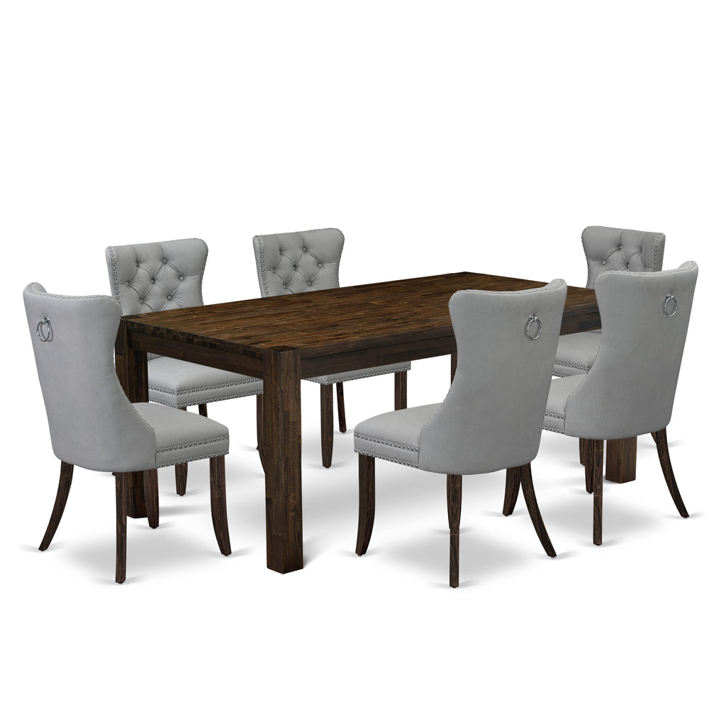 East West Furniture LMDA7-07-T27 7 Piece Dining Table Set Includes a Rectangle Rustic Wood Kitchen Table and 6 Upholstered Chairs, 40x72 Inch, Distressed Jacobean