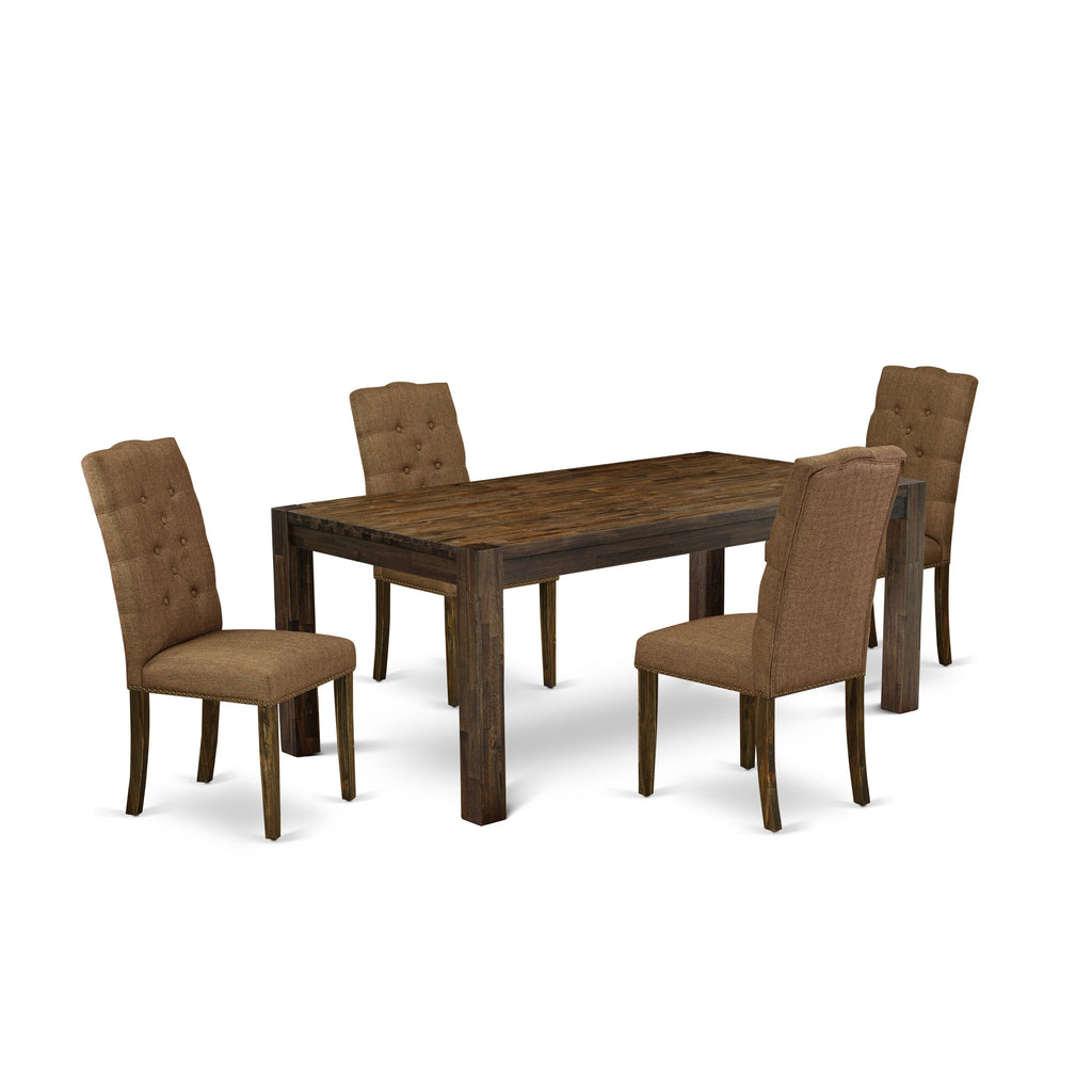 East West Furniture LMEL5-77-18 5 Piece Dining Table Set for 4 Includes a Rectangle Rustic Wood Dinner Table and 4 Brown Linen Linen Fabric Upholstered Chairs, 40x72 Inch, Jacobean