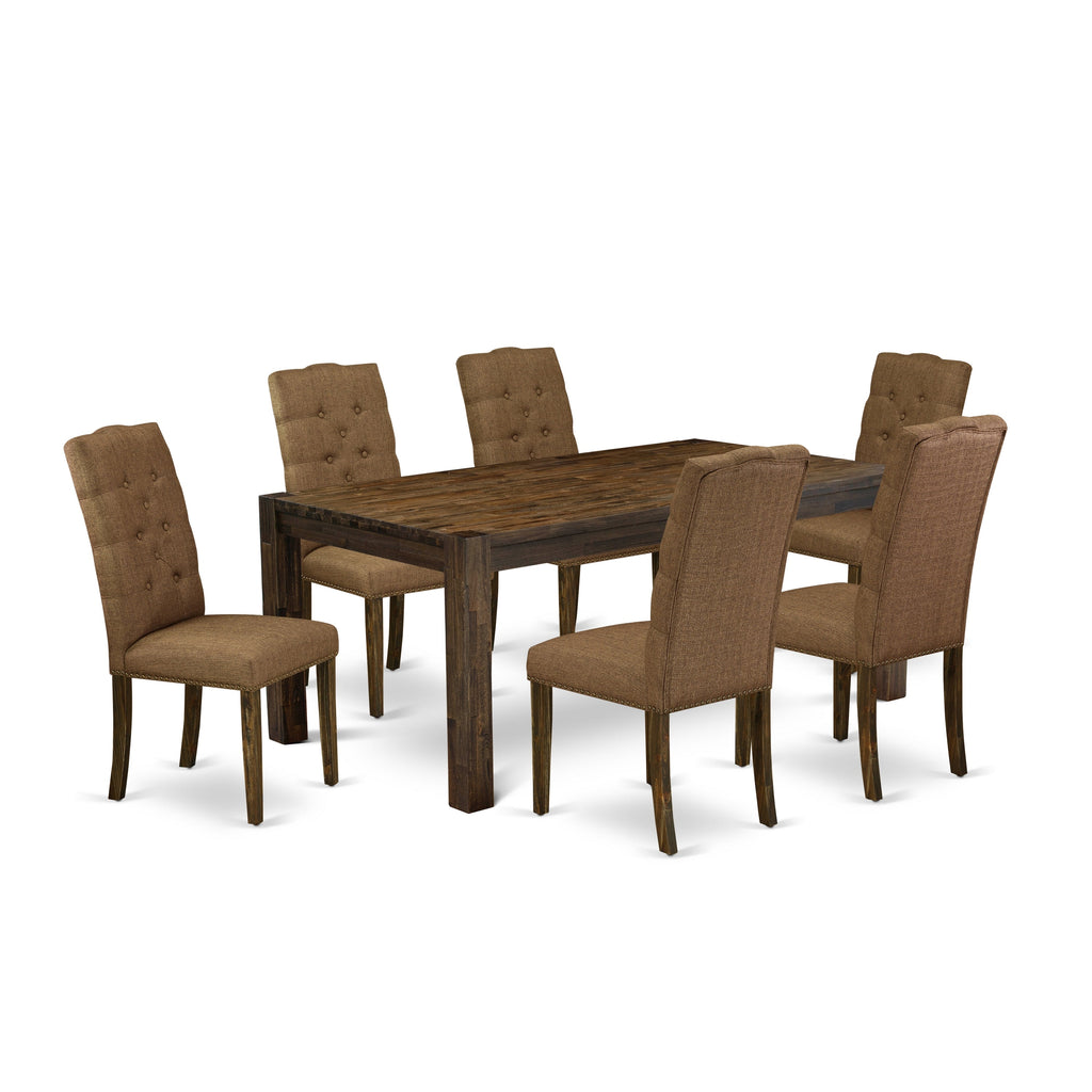 East West Furniture LMEL7-77-18 7 Piece Kitchen Table Set Consist of a Rectangle Rustic Wood Dining Table and 6 Brown Linen Linen Fabric Parson Dining Chairs, 40x72 Inch, Jacobean
