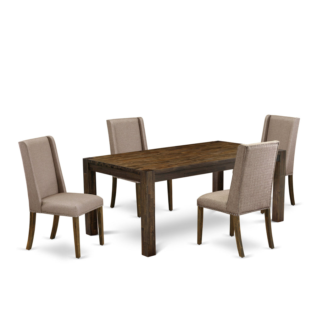 East West Furniture LMFL5-77-16 5 Piece Dining Table Set for 4 Includes a Rectangle Rustic Wood Dinner Table and 4 Dark Khaki Linen Fabric Upholstered Chairs, 40x72 Inch, Jacobean