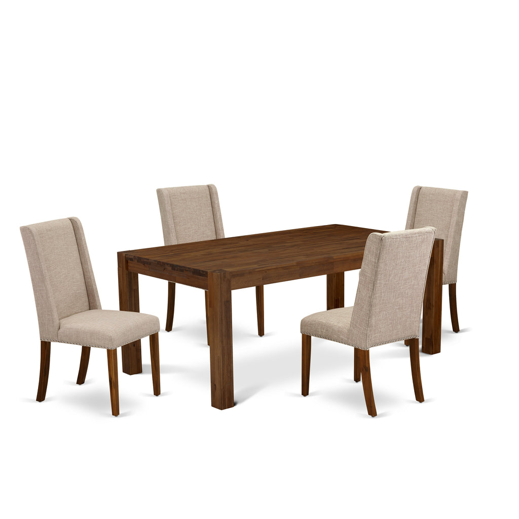 East West Furniture LMFL5-N8-04 5 Piece Dinette Set for 4 Includes a Rectangle Rustic Wood Dining Table and 4 Light Tan Linen Fabric Parson Dining Room Chairs, 40x72 Inch, Walnut
