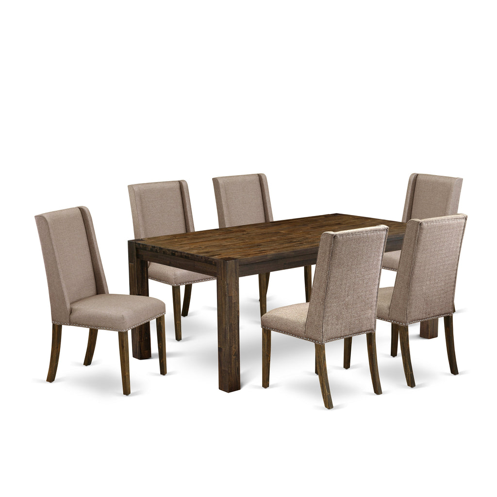 East West Furniture LMFL7-77-16 7 Piece Kitchen Table Set Consist of a Rectangle Rustic Wood Dining Table and 6 Dark Khaki Linen Fabric Parson Dining Chairs, 40x72 Inch, Jacobean