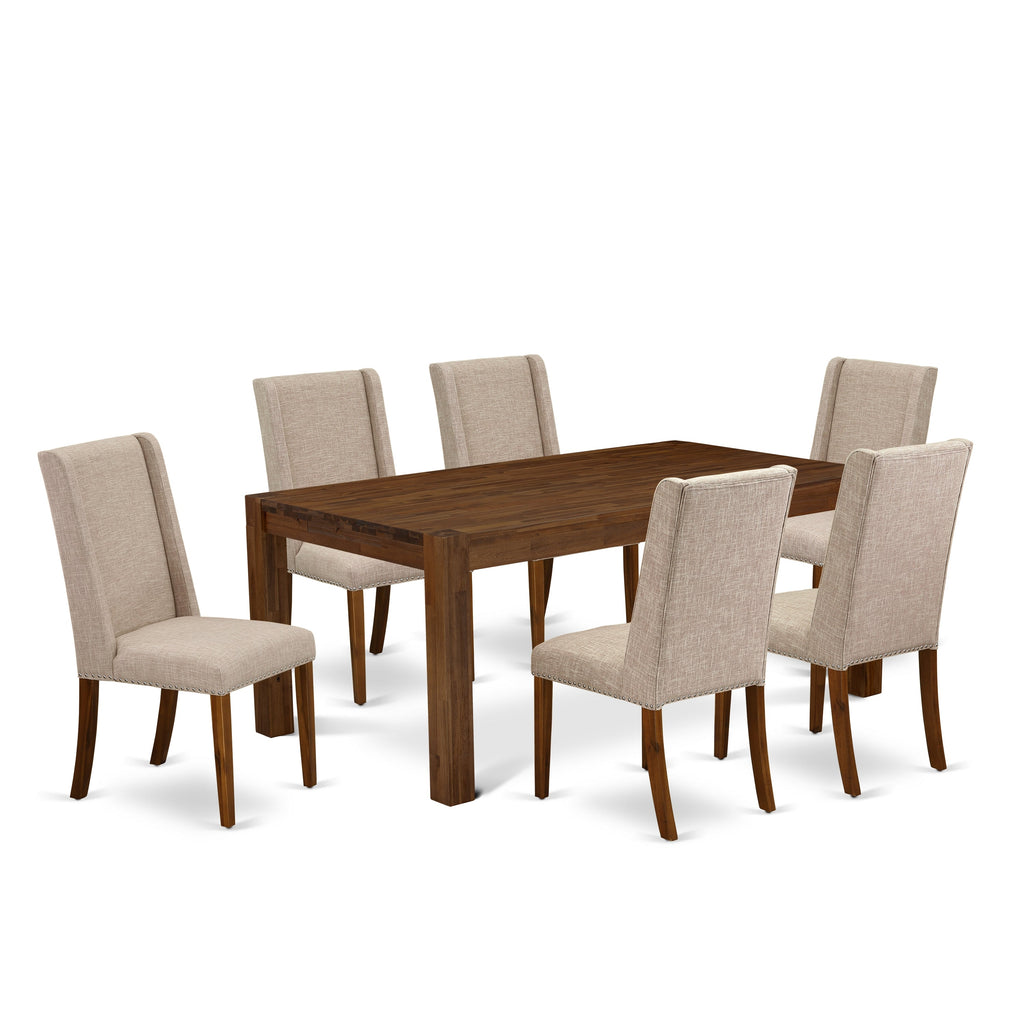 East West Furniture LMFL7-N8-04 7 Piece Dining Set Consist of a Rectangle Rustic Wood Dining Room Table and 6 Light Tan Linen Fabric Upholstered Parson Chairs, 40x72 Inch, Walnut