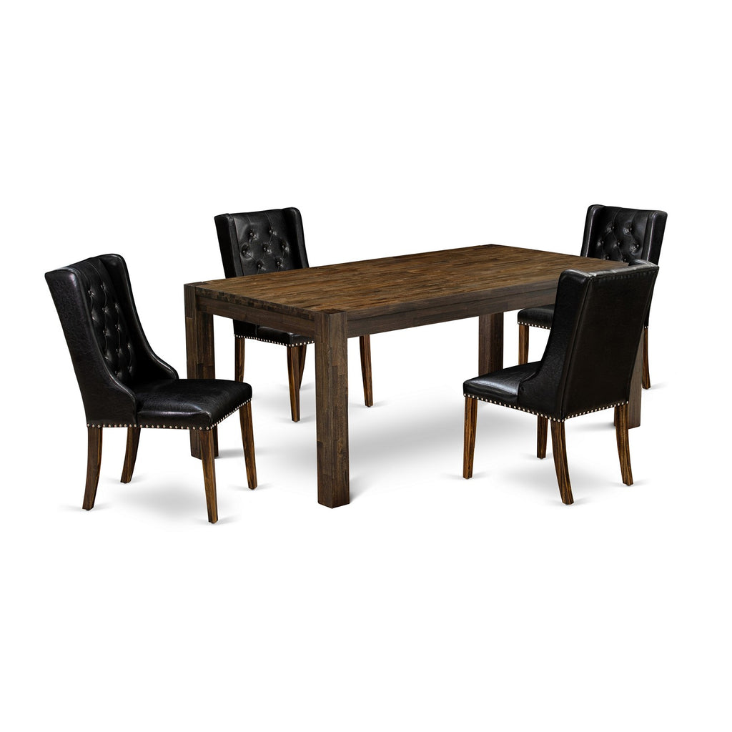 East West Furniture LMFO5-77-49 5 Piece Modern Dining Table Set Includes a Rectangle Rustic Wood Wooden Table and 4 Black Faux Leather Upholstered Chairs, 40x72 Inch, Jacobean