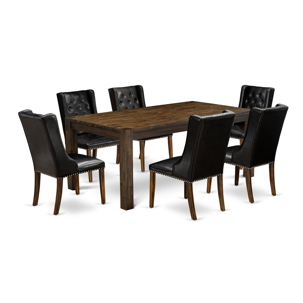 East West Furniture LMFO7-77-49 7 Piece Kitchen Table & Chairs Set Consist of a Rectangle Rustic Wood Dining Room Table and 6 Black Faux Leather Parsons Chairs, 40x72 Inch, Jacobean
