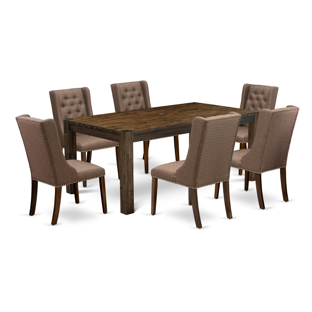 East West Furniture LMFO7-N8-18 7 Piece Modern Dining Table Set Consist of a Rectangle Rustic Wood Wooden Table and 6 Brown Linen Linen Fabric Upholstered Chairs, 40x72 Inch, Natural