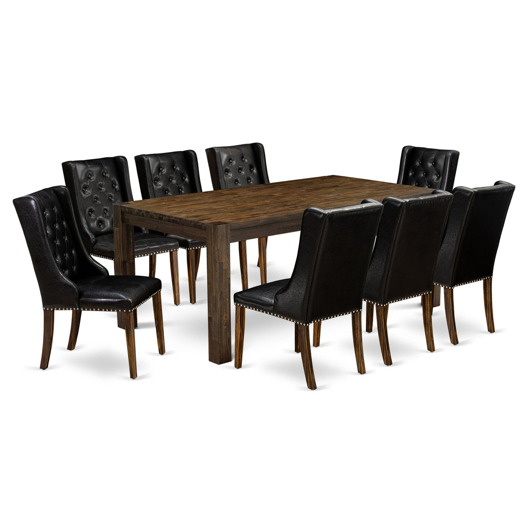 East West Furniture LMFO9-77-49 9 Piece Kitchen Table Set Includes a Rectangle Rustic Wood Dining Table and 8 Black Faux Leather Parson Dining Chairs, 40x72 Inch, Jacobean