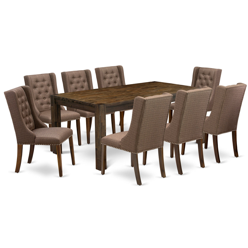 East West Furniture LMFO9-N8-18 9 Piece Dining Table Set Includes a Rectangle Rustic Wood Kitchen Table and 8 Brown Linen Linen Fabric Upholstered Parson Chairs, 40x72 Inch, Walnut