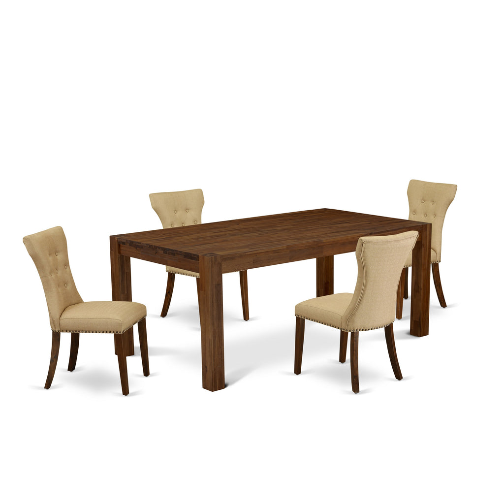 East West Furniture LMGA5-N8-03 5 Piece Dining Room Furniture Set Includes a Rectangle Rustic Wood Dining Table and 4 Brown Linen Fabric Upholstered Chairs, 40x72 Inch, Walnut