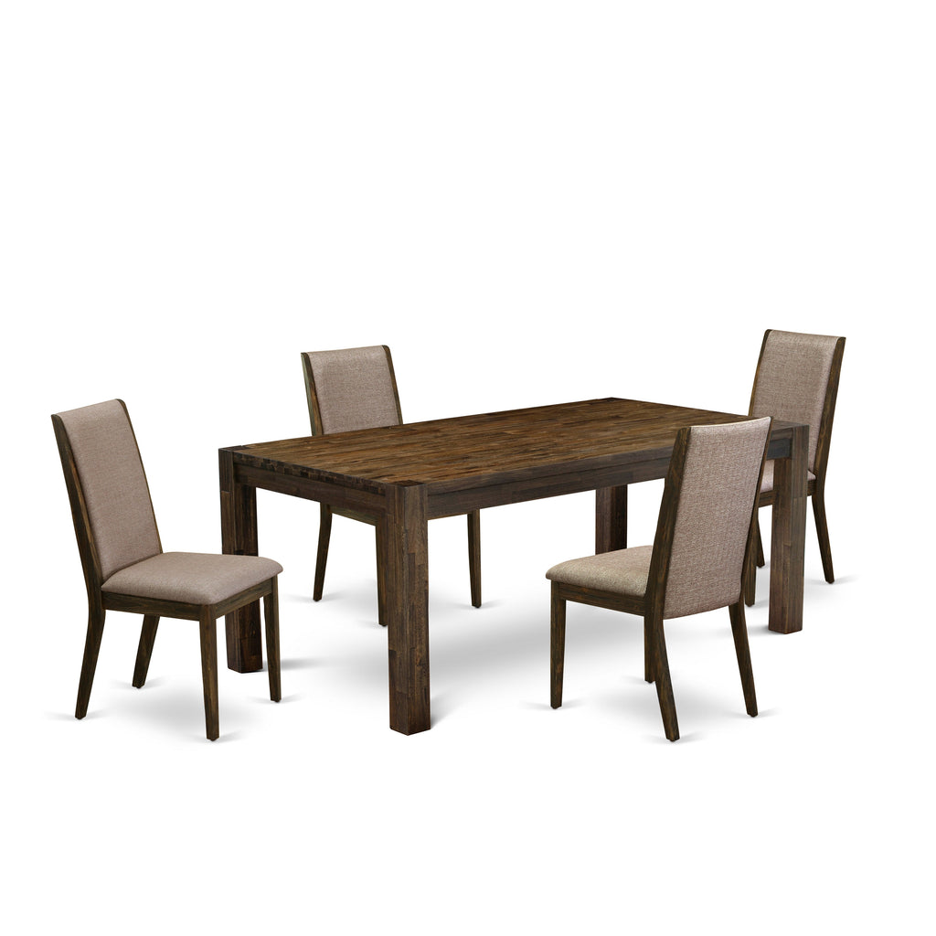 East West Furniture LMLA5-77-16 5 Piece Dining Room Furniture Set Includes a Rectangle Rustic Wood Dining Table and 4 Dark Khaki Linen Fabric Upholstered Chairs, 40x72 Inch, Jacobean