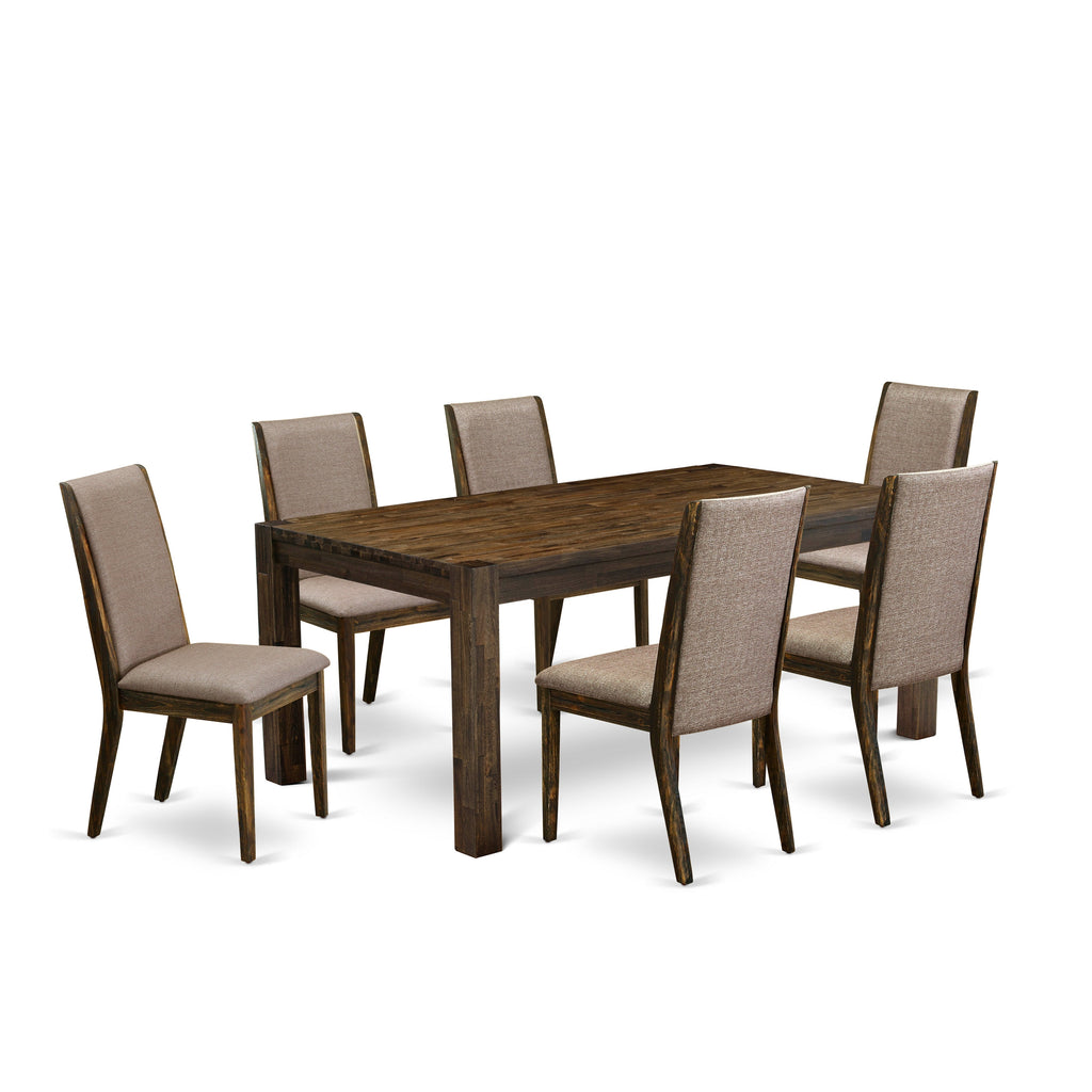 East West Furniture LMLA7-77-16 7 Piece Dining Set Consist of a Rectangle Rustic Wood Dining Room Table and 6 Dark Khaki Linen Fabric Upholstered Chairs, 40x72 Inch, Jacobean