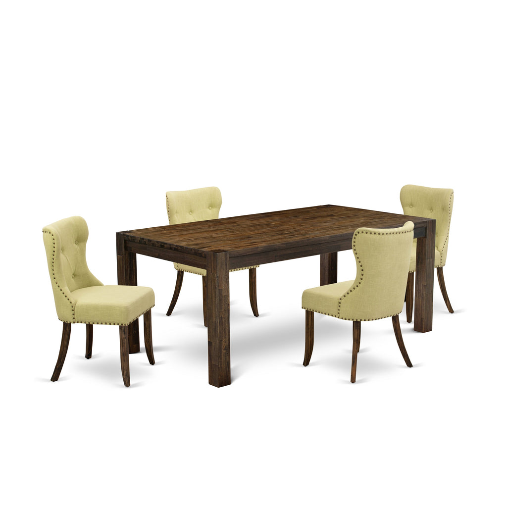 East West Furniture LMSI5-77-37 5 Piece Dinette Set for 4 Includes a Rectangle Rustic Wood Dining Room Table and 4 Limelight Linen Fabric Parsons Dining Chairs, 40x72 Inch, Jacobean