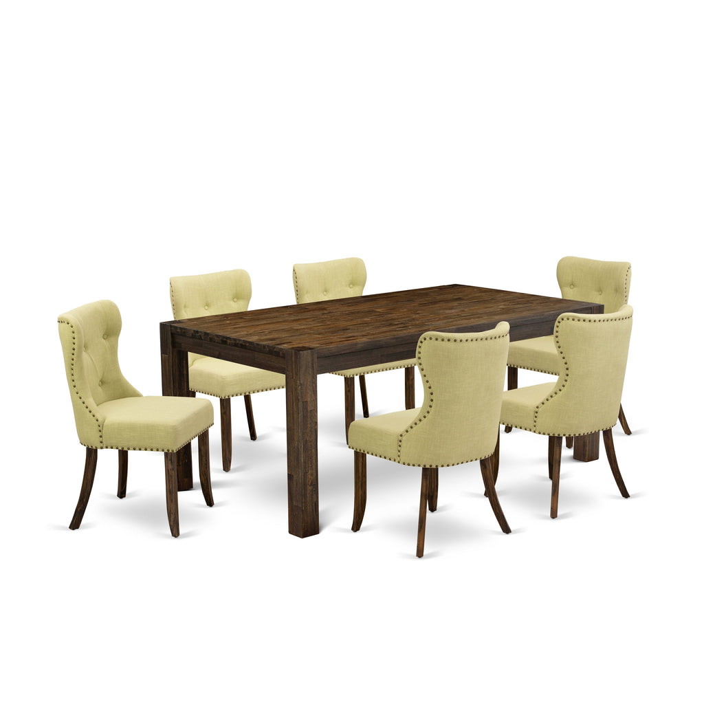 East West Furniture LMSI7-77-37 7 Piece Dining Table Set Consist of a Rectangle Rustic Wood Dining Room Table and 6 Limelight Linen Fabric Upholstered Chairs, 40x72 Inch, Jacobean