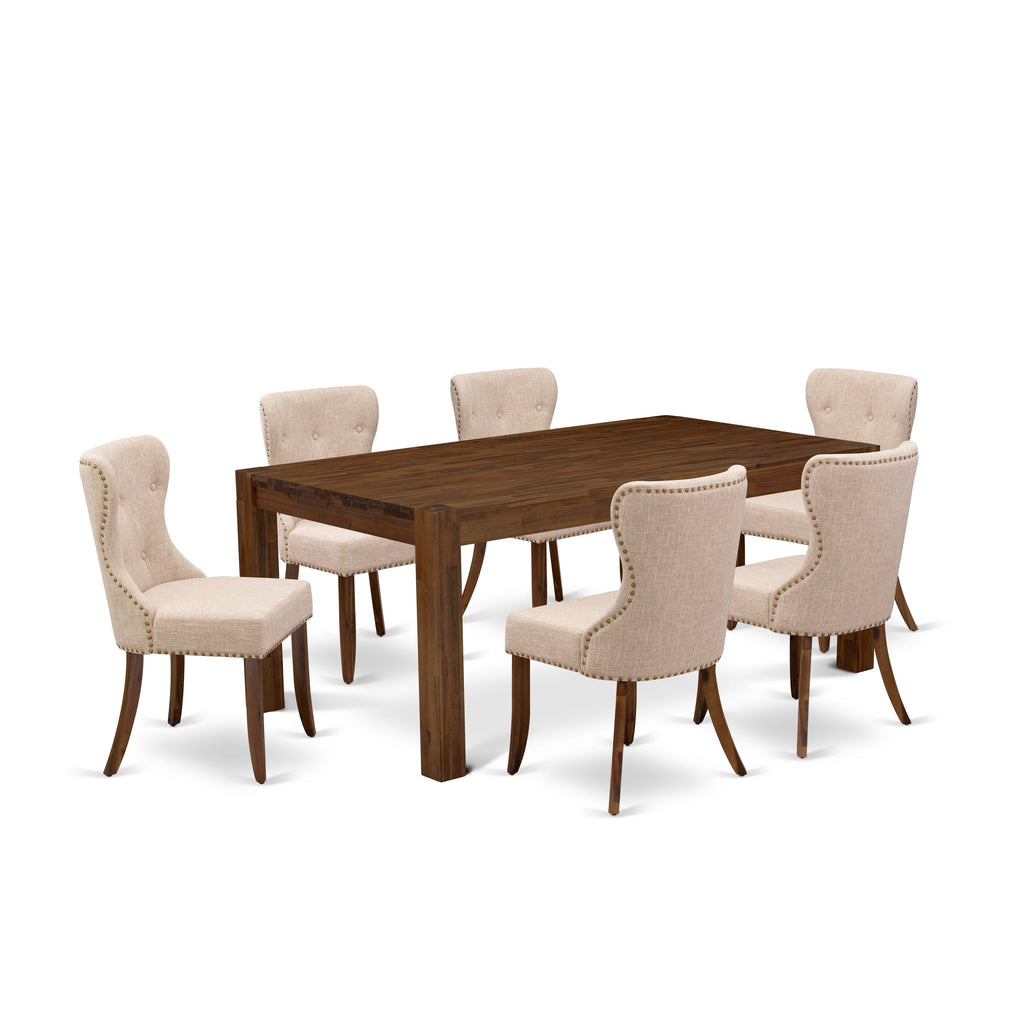 East West Furniture LMSI7-N8-04 7 Piece Kitchen Table Set Consist of a Rectangle Rustic Wood Dining Table and 6 Light Tan Linen Fabric Parson Dining Chairs, 40x72 Inch, Walnut