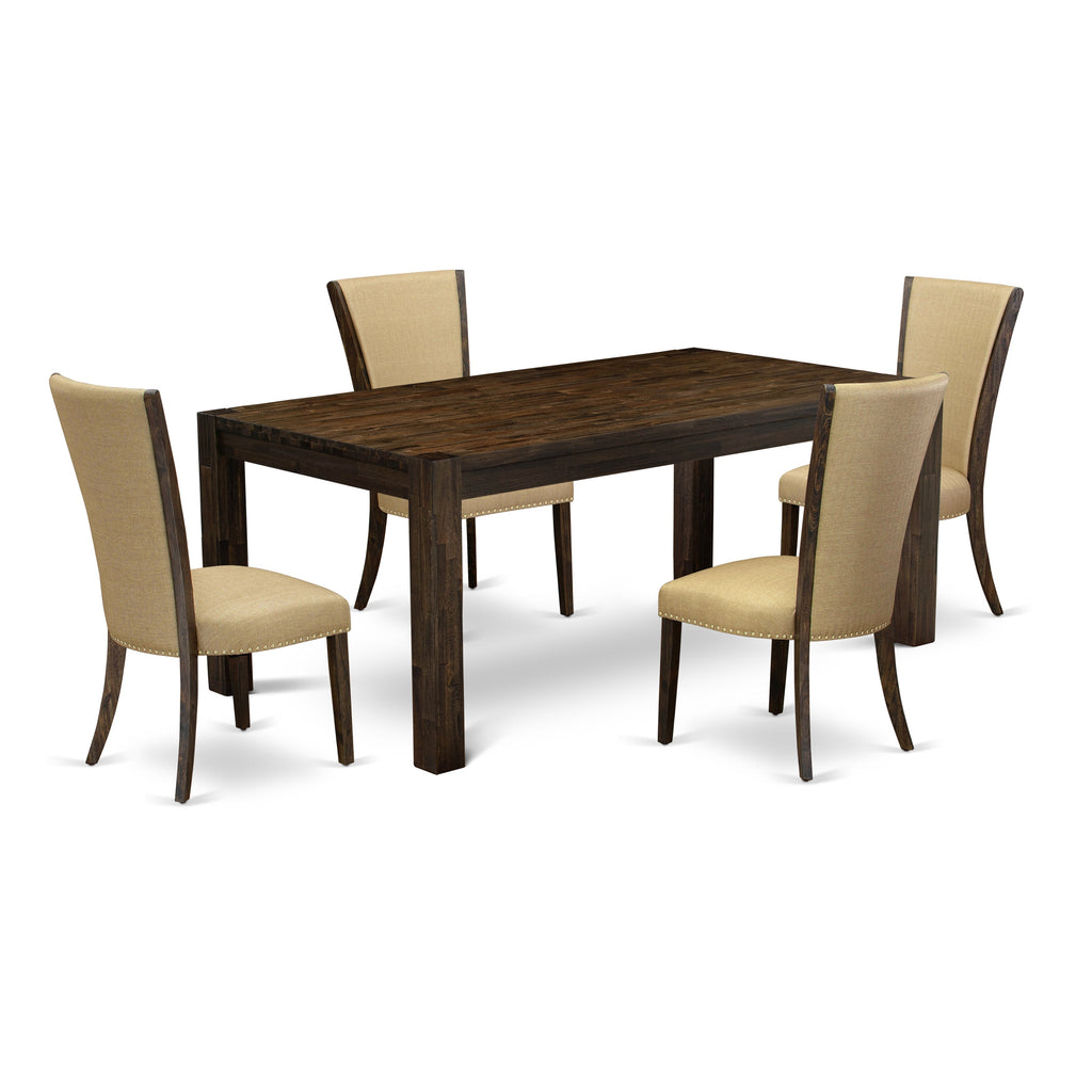 East West Furniture LMVE5-77-03 5 Piece Dinette Set Includes a Rectangle Rustic Wood Dining Room Table and 4 Brown Linen Fabric Upholstered Parson Chairs, 40x72 Inch, Jacobean