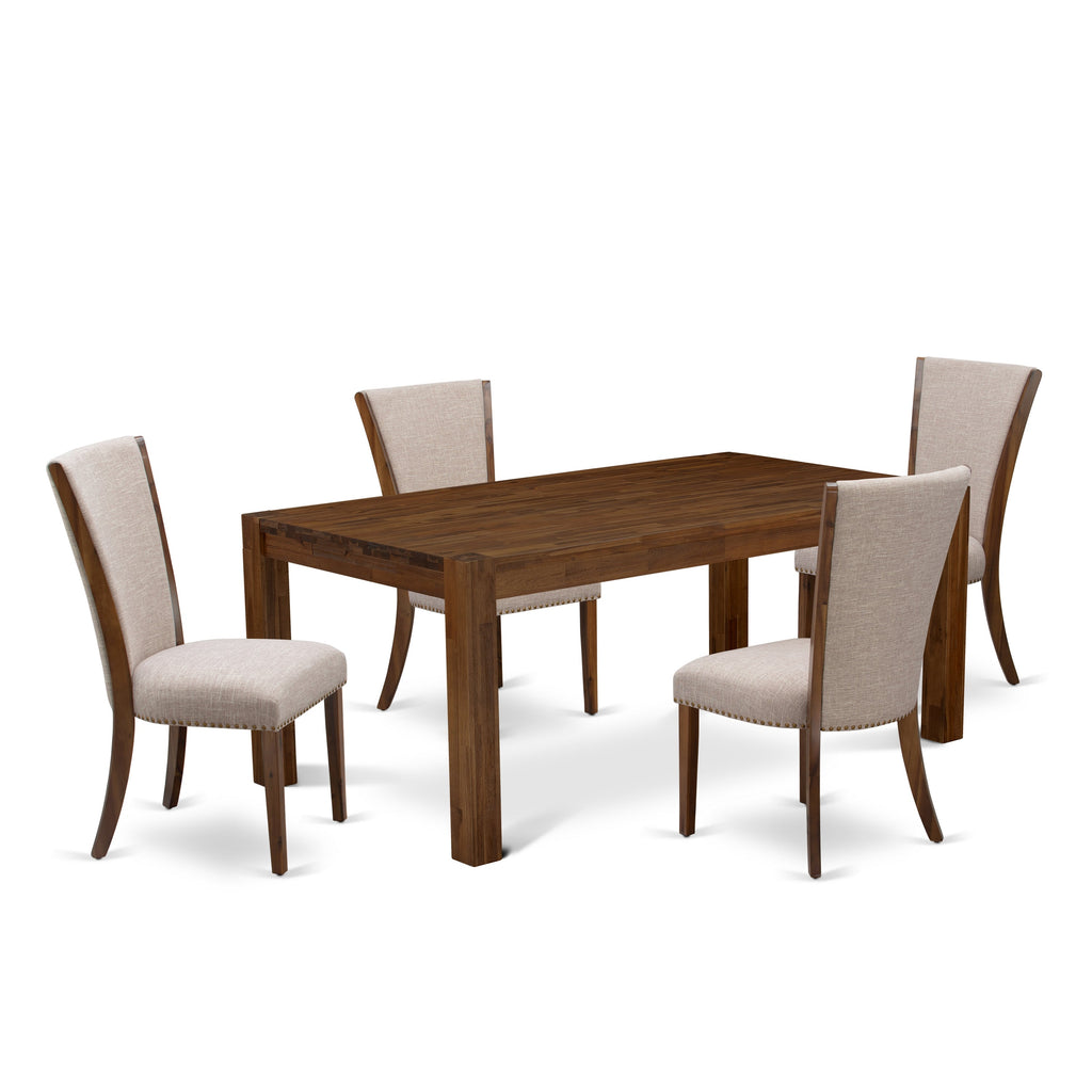 East West Furniture LMVE5-N8-04 5 Piece Dining Room Furniture Set Includes a Rectangle Rustic Wood Dining Table and 4 Light Tan Linen Fabric Parsons Chairs, 40x72 Inch, Walnut
