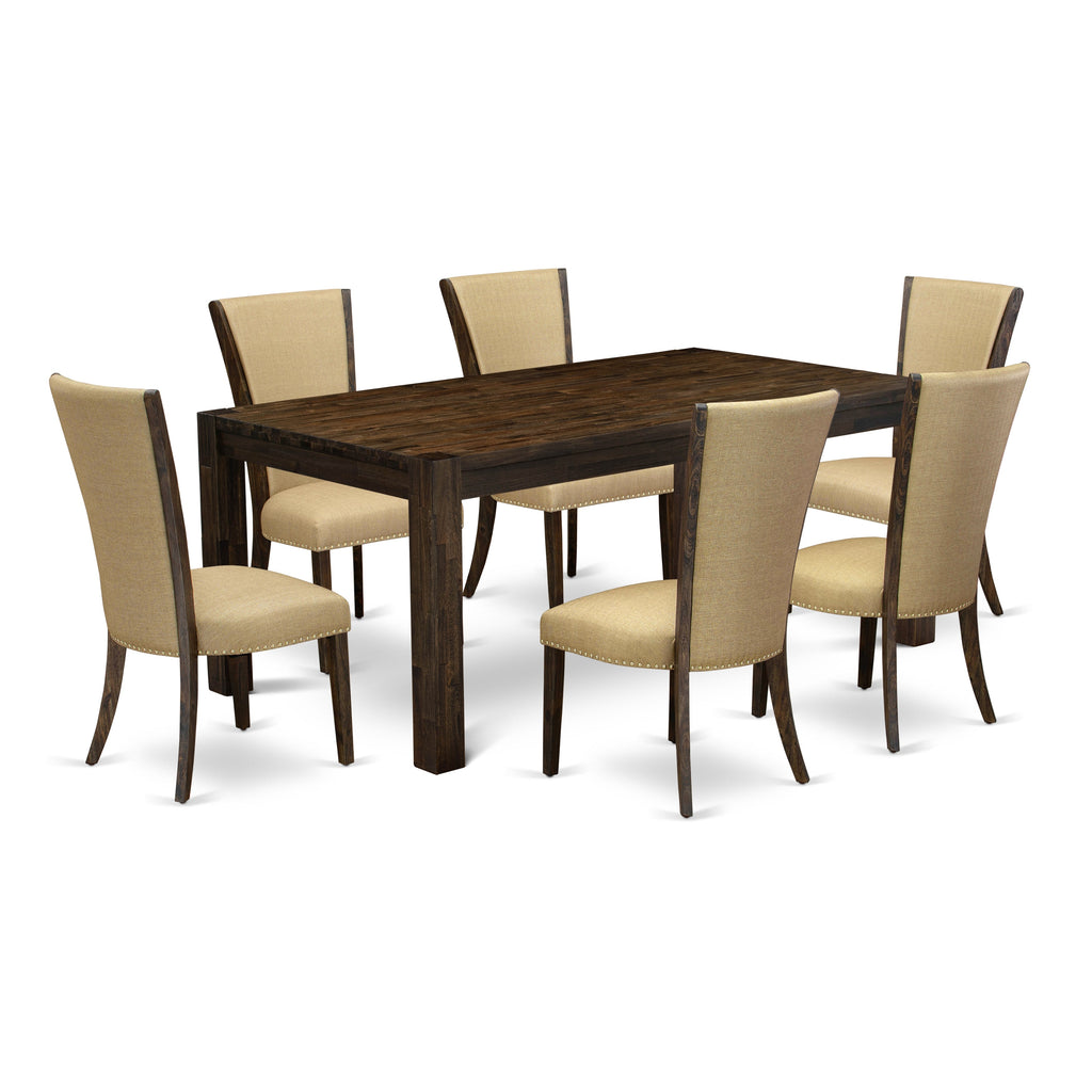 East West Furniture LMVE7-77-03 7 Piece Kitchen Table Set Consist of a Rectangle Rustic Wood Dining Table and 6 Brown Linen Fabric Parson Dining Room Chairs, 40x72 Inch, Jacobean