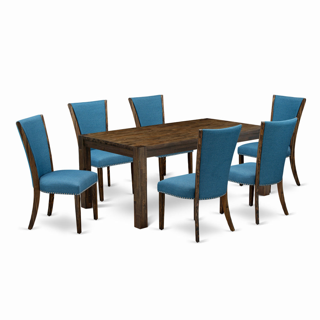 East West Furniture LMVE7-77-21 7 Piece Dining Table Set Consist of a Rectangle Rustic Wood Kitchen Table and 6 Blue Color Linen Fabric Upholstered Chairs, 40x72 Inch, Jacobean