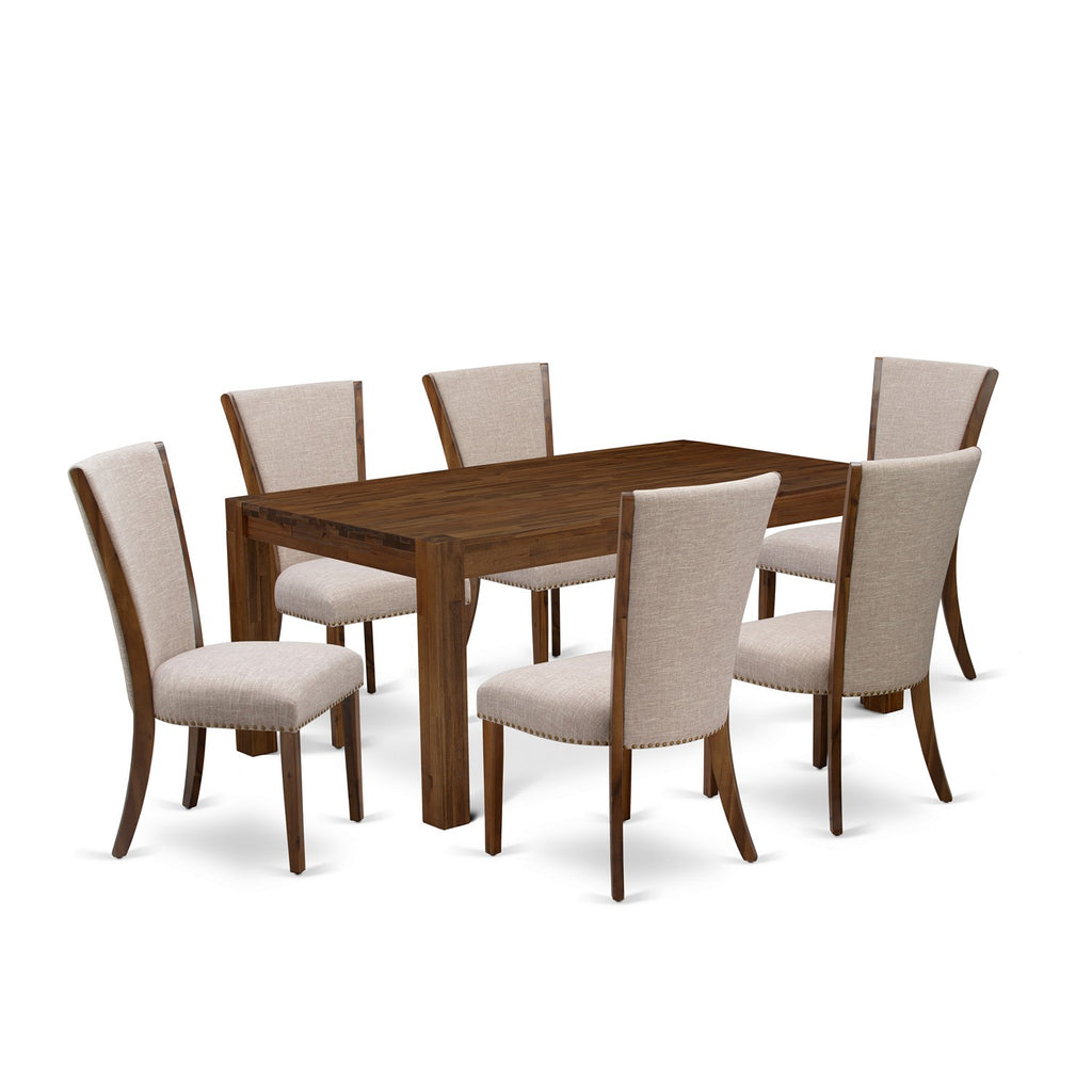 East West Furniture LMVE7-N8-04 7 Piece Modern Dining Table Set Consist of a Rectangle Rustic Wood Wooden Table and 6 Light Tan Linen Fabric Upholstered Chairs, 40x72 Inch, Walnut