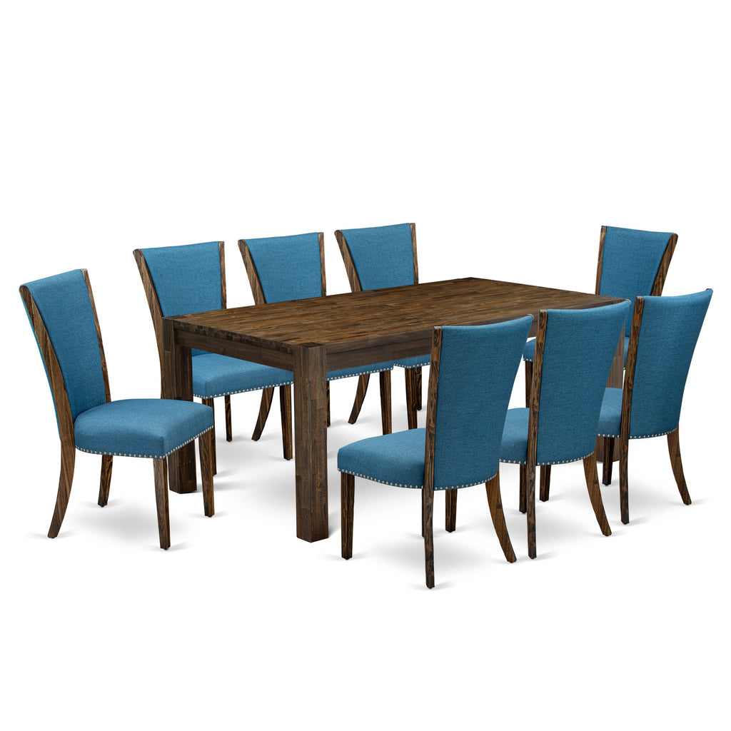 East West Furniture LMVE9-77-21 9 Piece Dining Set Includes a Rectangle Rustic Wood Dining Room Table and 8 Blue Color Linen Fabric Upholstered Parson Chairs, 40x72 Inch, Jacobean