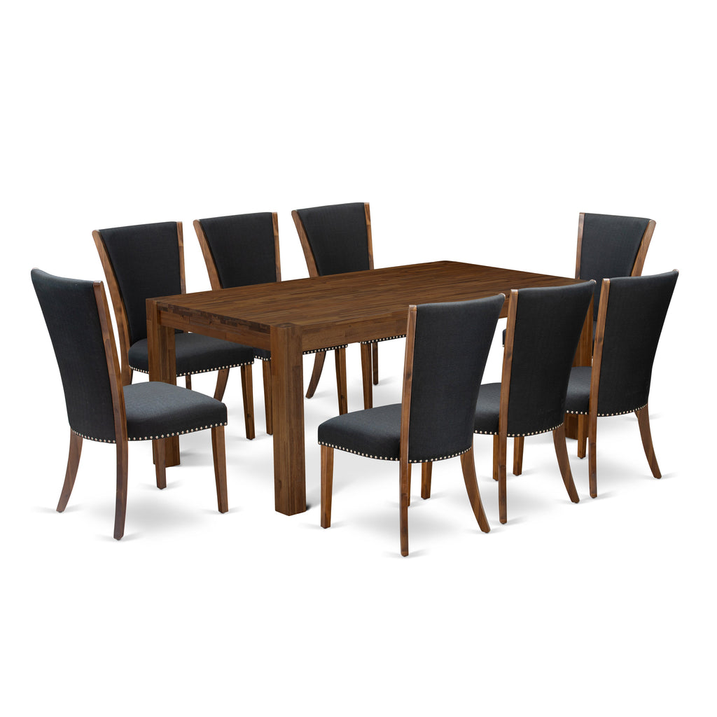 East West Furniture LMVE9-N8-24 9 Piece Dining Table Set Includes a Rectangle Rustic Wood Kitchen Table and 8 Black Color Linen Fabric Parson Dining Room Chairs, 40x72 Inch, Walnut