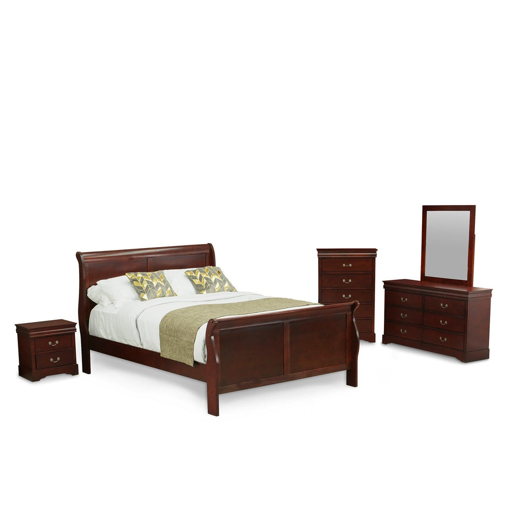 LP03-Q1NDMC Louis Philippe 5 Piece Queen Size Bedroom Set in Walnut Finish with Queen Bed, Nightstand, Dresser with Mirror & Chest