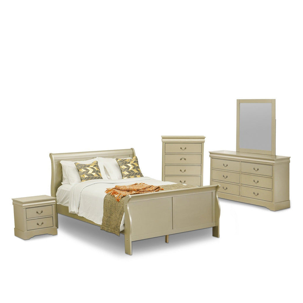 LP04-Q1NDMC Louis Philippe 5 Piece Queen Size Bedroom Set in Metallic Gold Finish with Queen Bed, Nightstand, Dresser with Mirror and Chest