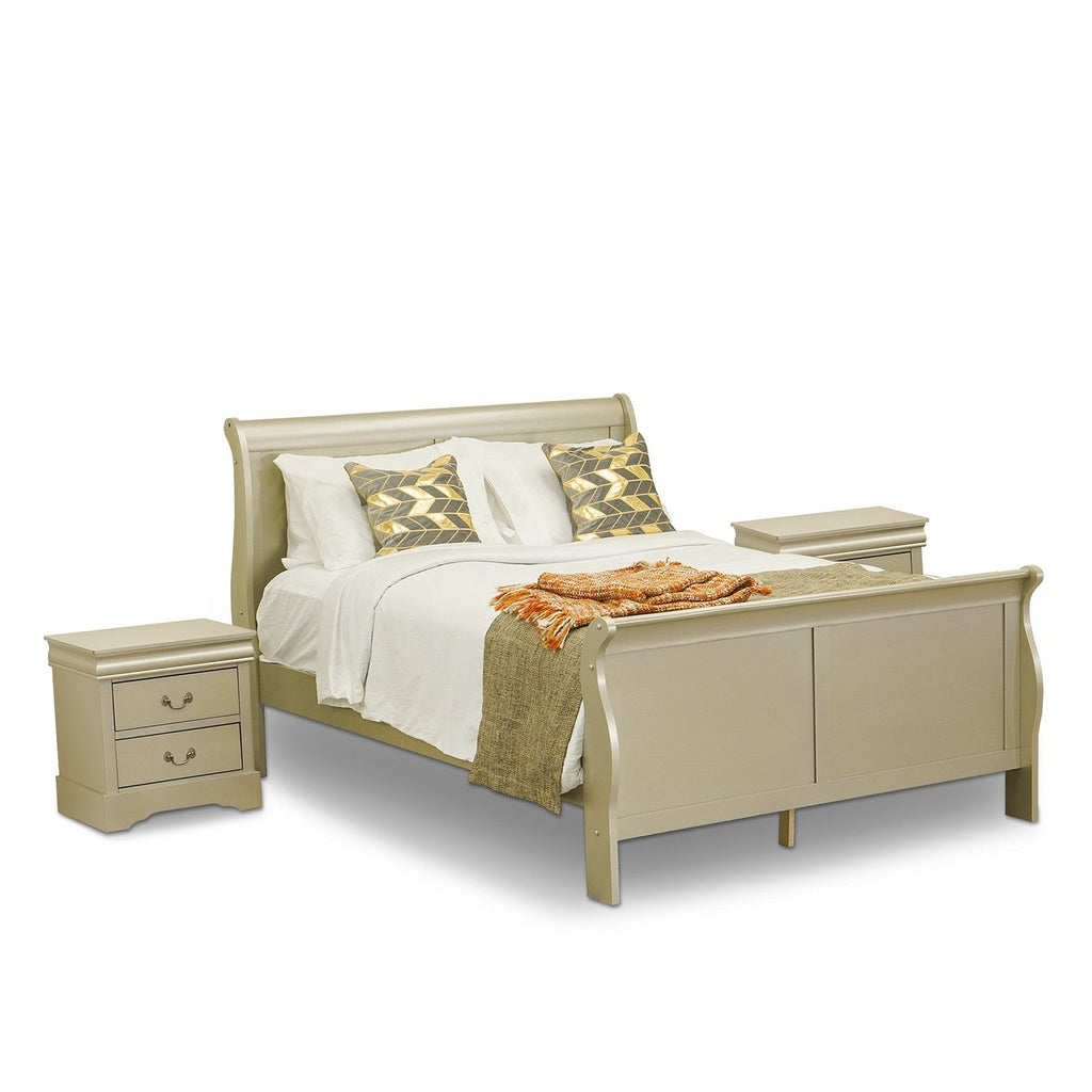 LP04-Q2N000 Louis Philippe 3 Piece Queen Size Bedroom Set in Metallic Gold Finish with Queen Bed and 2 Nightstands