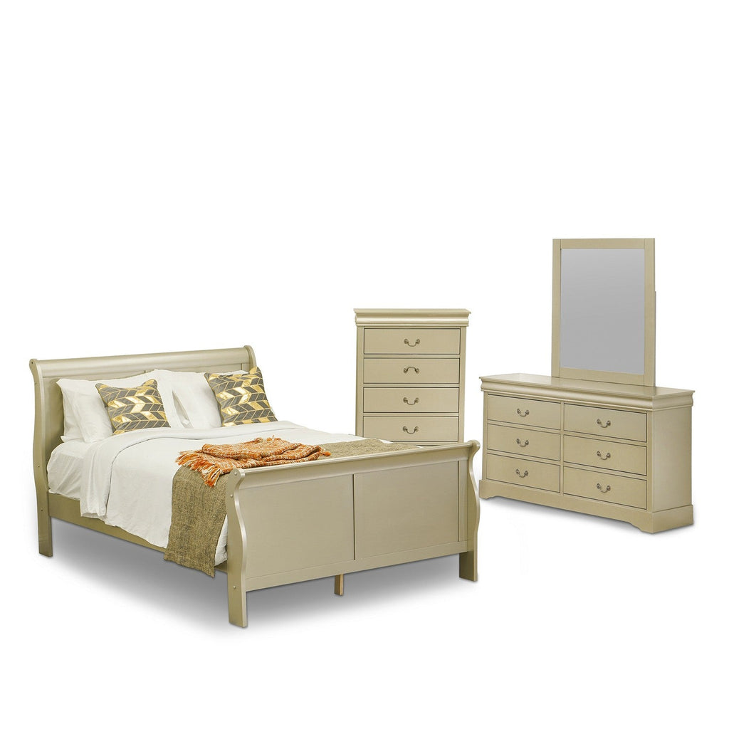 LP04-QDMC00 Louis Philippe 4 Piece Queen Size Bedroom Set in Metallic Gold Finish with Queen Bed, Dresser with Mirror and Chest