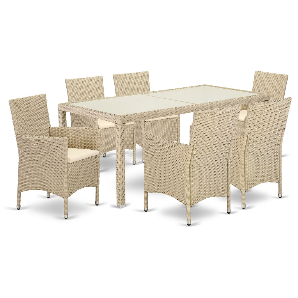 East West Furniture LUVL7-53V 7 Piece Patio Furniture Sets Wicker Outdoor Set Consist of a Rectangle Dining Table with Glass Top and 6 Balcony Armchair with Cushion, 36x73 Inch, Cream