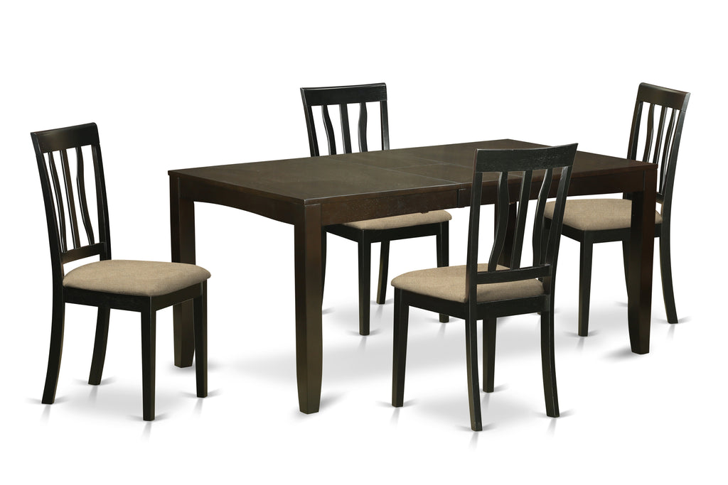 East West Furniture LYAN5-CAP-C 5 Piece Modern Dining Table Set Includes a Rectangle Wooden Table with Butterfly Leaf and 4 Linen Fabric Dining Room Chairs, 36x66 Inch, Cappuccino