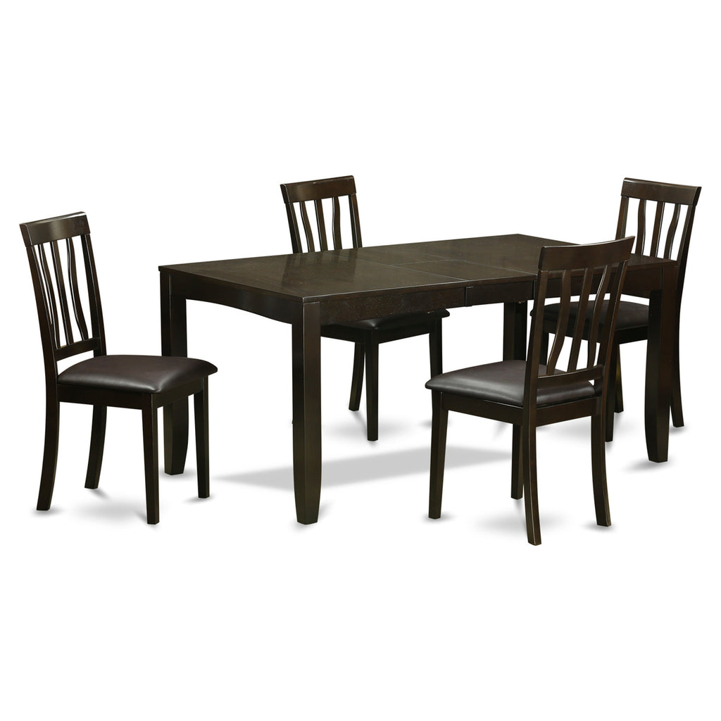 East West Furniture LYAN5-CAP-LC 5 Piece Modern Dining Table Set Includes a Rectangle Wooden Table with Butterfly Leaf and 4 Faux Leather Kitchen Dining Chairs, 36x66 Inch, Cappuccino