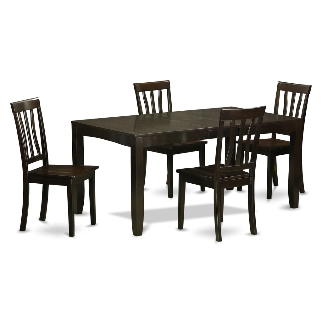 East West Furniture LYAN5-CAP-W 5 Piece Kitchen Table Set for 4 Includes a Rectangle Dining Room Table with Butterfly Leaf and 4 Solid Wood Seat Chairs, 36x66 Inch, Cappuccino