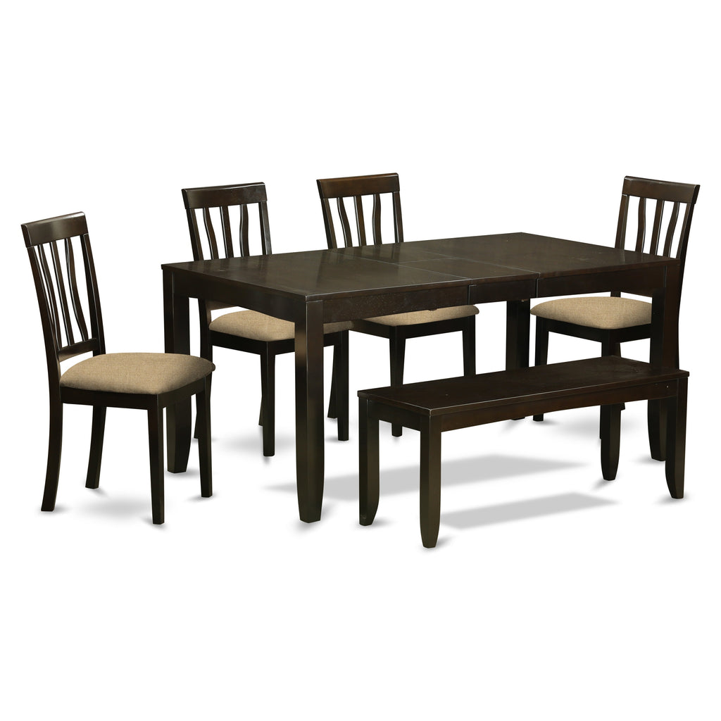 East West Furniture LYAN6-CAP-C 6 Piece Dining Table Set Contains a Rectangle Dining Room Table with Butterfly Leaf and 4 Linen Fabric Upholstered Chairs with a Bench, 36x66 Inch, Cappuccino