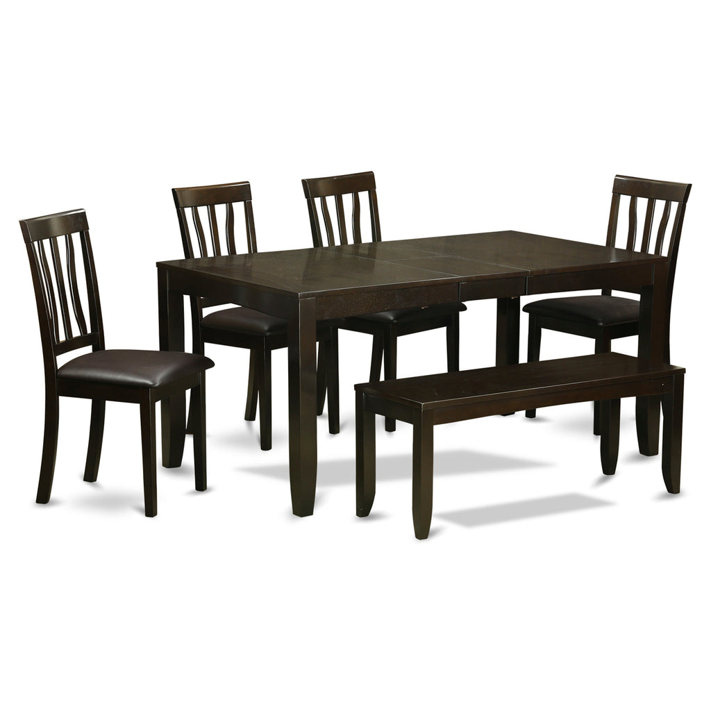East West Furniture LYAN6-CAP-LC 6 Piece Dining Table Set Contains a Rectangle Dining Room Table with Butterfly Leaf and 4 Faux Leather Upholstered Chairs with a Bench, 36x66 Inch, Cappuccino