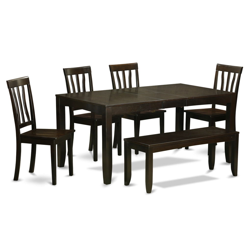 East West Furniture LYAN6-CAP-W 6 Piece Dining Table Set Contains a Rectangle Dining Room Table with Butterfly Leaf and 4 Wooden Seat Chairs with a Bench, 36x66 Inch, Cappuccino