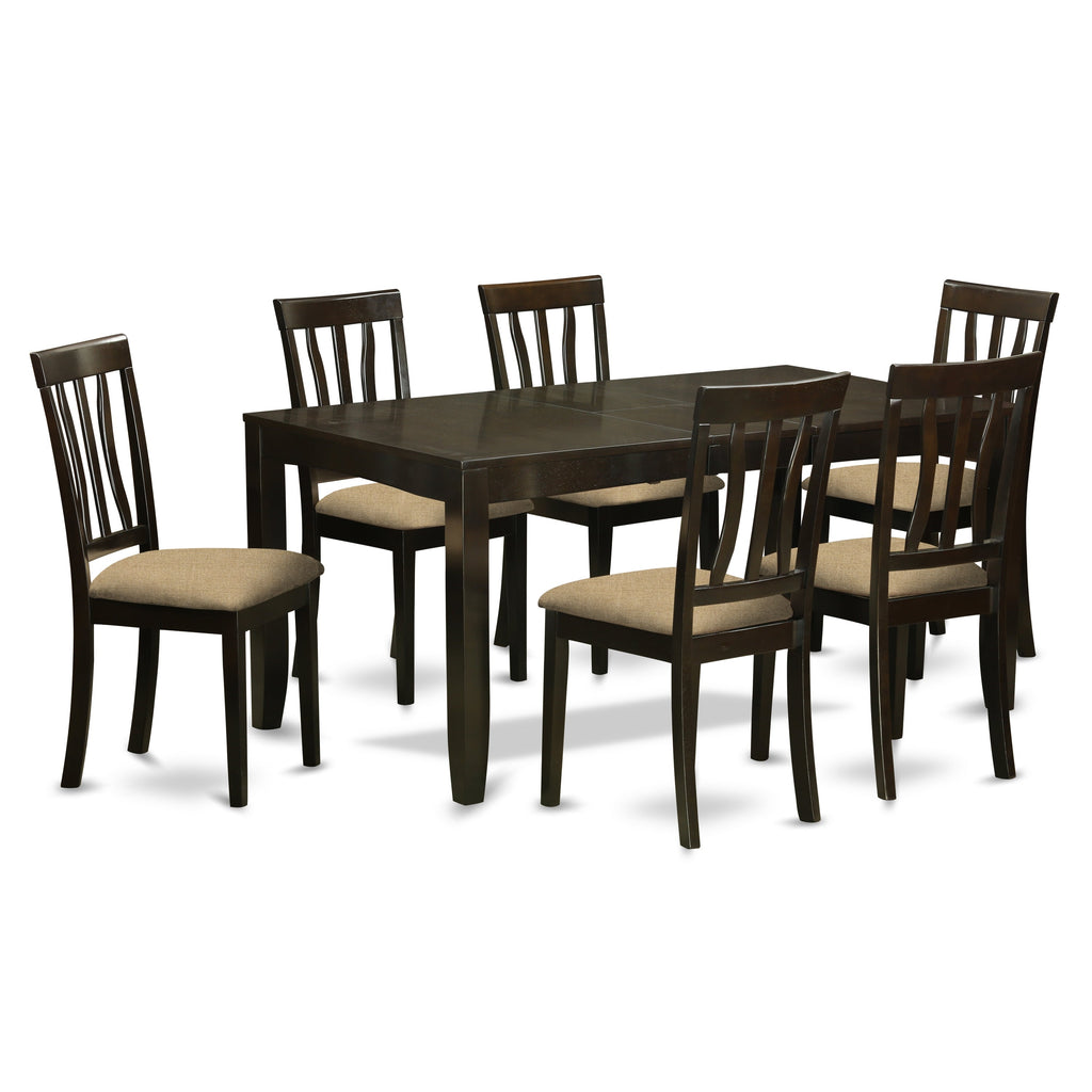 East West Furniture LYAN7-CAP-C 7 Piece Dining Table Set Consist of a Rectangle Dinner Table with Butterfly Leaf and 6 Linen Fabric Dining Room Chairs, 36x66 Inch, Cappuccino