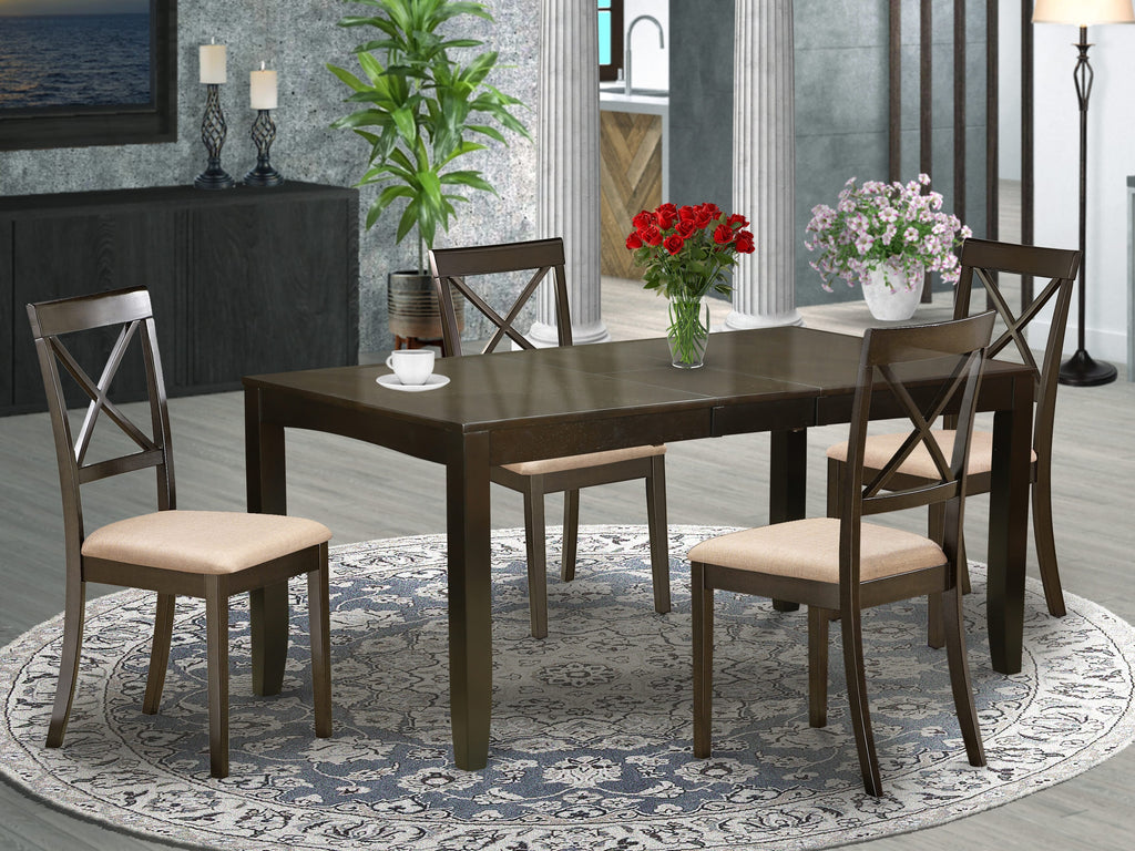 East West Furniture LYBO5-CAP-C 5 Piece Dining Room Table Set Includes a Rectangle Kitchen Table with Butterfly Leaf and 4 Linen Fabric Upholstered Dining Chairs, 36x66 Inch, Cappuccino