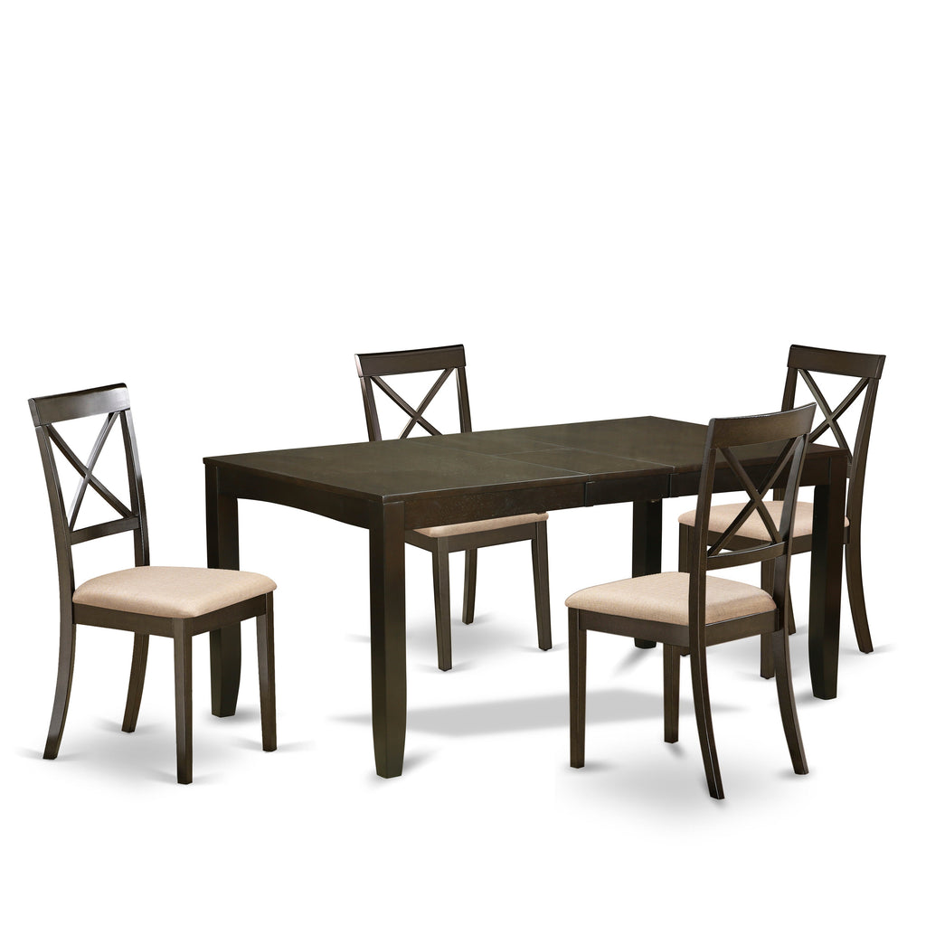 East West Furniture LYBO5-CAP-C 5 Piece Dining Room Table Set Includes a Rectangle Kitchen Table with Butterfly Leaf and 4 Linen Fabric Upholstered Dining Chairs, 36x66 Inch, Cappuccino