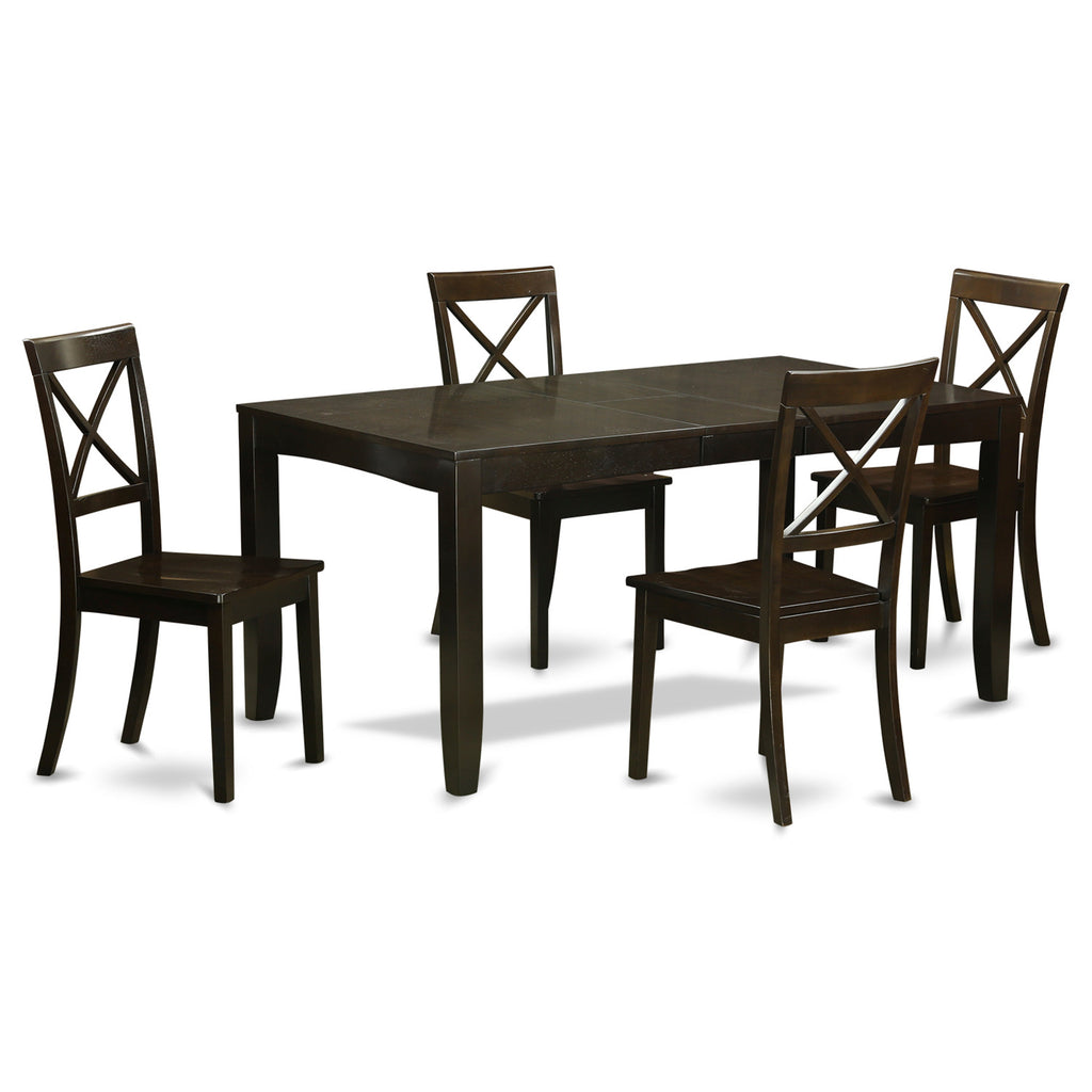East West Furniture LYBO5-CAP-W 5 Piece Dining Table Set for 4 Includes a Rectangle Kitchen Table with Butterfly Leaf and 4 Dinette Chairs, 36x66 Inch, Cappuccino
