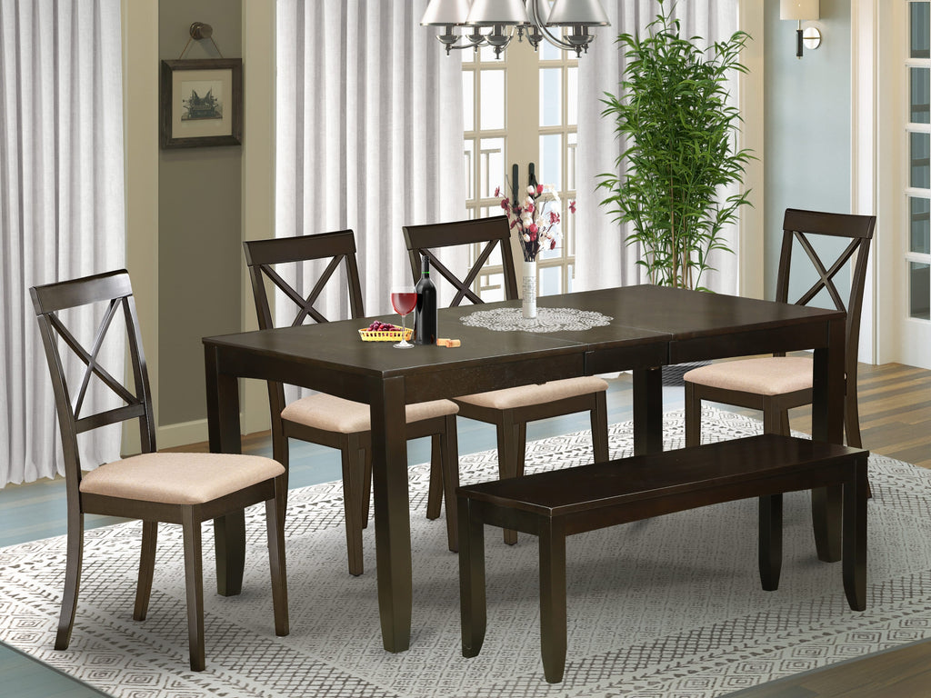 East West Furniture LYBO6-CAP-C 6 Piece Dining Table Set Contains a Rectangle Dining Room Table with Butterfly Leaf and 4 Linen Fabric Upholstered Chairs with a Bench, 36x66 Inch, Cappuccino