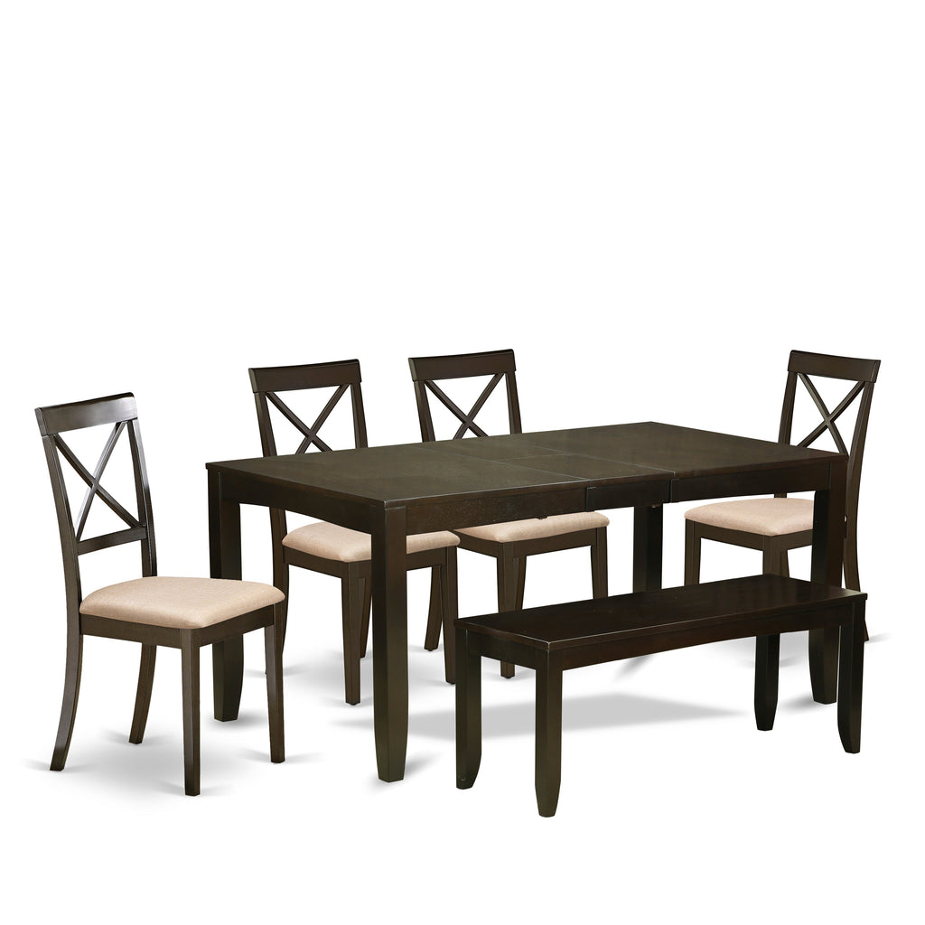 East West Furniture LYBO6-CAP-C 6 Piece Dining Table Set Contains a Rectangle Dining Room Table with Butterfly Leaf and 4 Linen Fabric Upholstered Chairs with a Bench, 36x66 Inch, Cappuccino