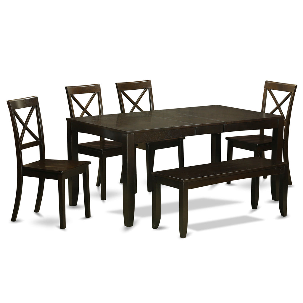 East West Furniture LYBO6-CAP-W 6 Piece Dining Room Table Set Contains a Rectangle Kitchen Table with Butterfly Leaf and 4 Dining Chairs with a Bench, 36x66 Inch, Cappuccino