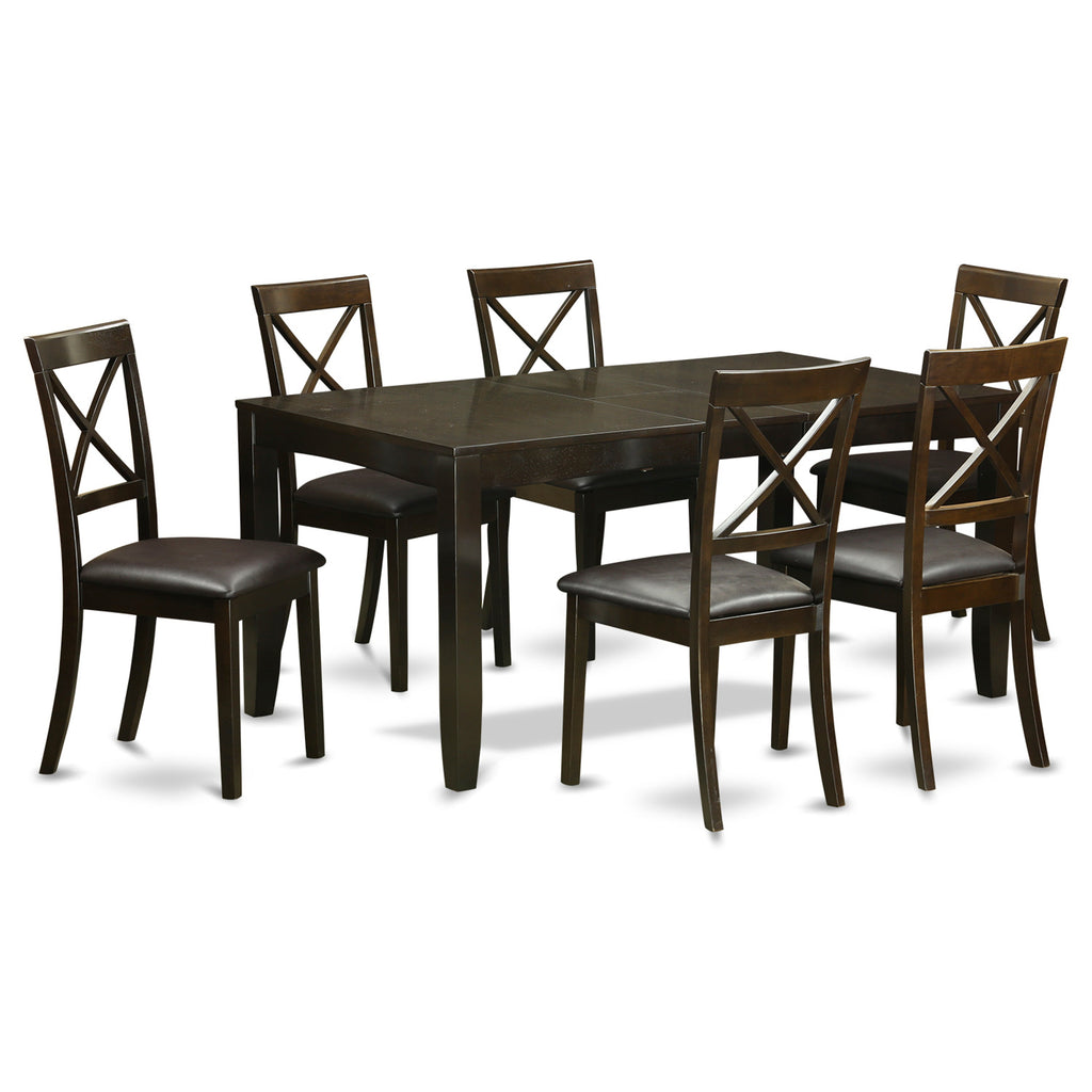 East West Furniture LYBO7-CAP-LC 7 Piece Dining Room Table Set Consist of a Rectangle Kitchen Table with Butterfly Leaf and 6 Faux Leather Upholstered Chairs, 36x66 Inch, Cappuccino