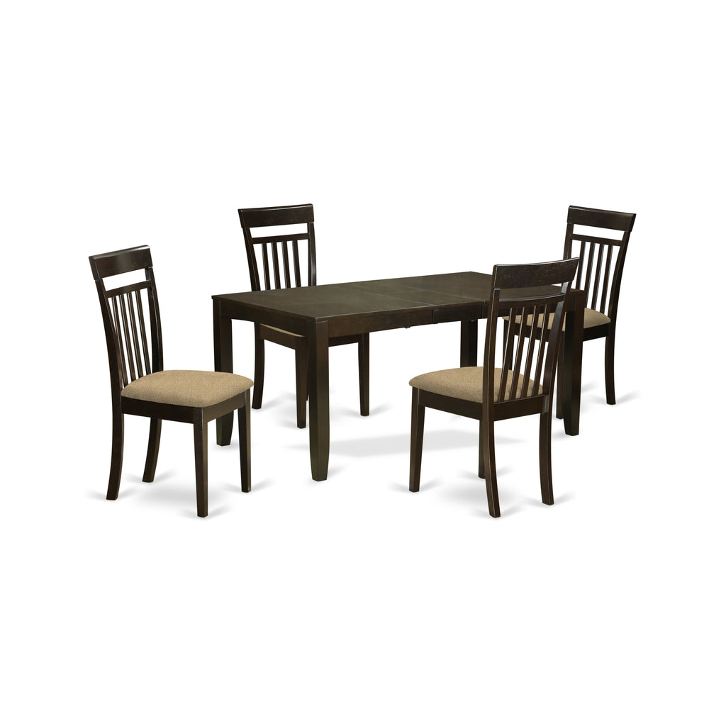 East West Furniture LYCA5-CAP-C 5 Piece Modern Dining Table Set Includes a Rectangle Wooden Table with Butterfly Leaf and 4 Linen Fabric Upholstered Chairs, 36x66 Inch, Cappuccino